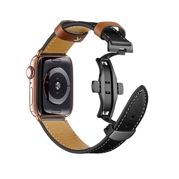 Butterfly Buckle Genuine Leather Watch Band For Apple Watch Ultra 49mm&Watch Ultra 2 49mm / Series 9&8&7 45mm / SE 3&SE 2&6&SE&5&4 44mm / 3&2&1 42mm(Black-Brown+Black Buckle) by bashfashion