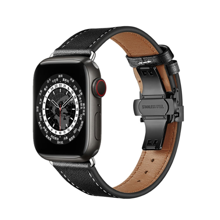 Butterfly Buckle Genuine Leather Watch Band For Apple Watch Ultra 49mm&Watch Ultra 2 49mm / Series 9&8&7 45mm / SE 3&SE 2&6&SE&5&4 44mm / 3&2&1 42mm(Black+Black Buckle) by bashfashion