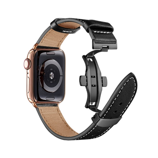 Butterfly Buckle Genuine Leather Watch Band For Apple Watch Ultra 49mm&Watch Ultra 2 49mm / Series 9&8&7 45mm / SE 3&SE 2&6&SE&5&4 44mm / 3&2&1 42mm(Black+Black Buckle) by bashfashion