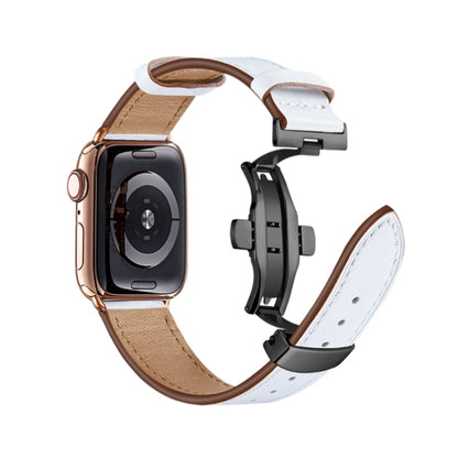 Butterfly Buckle Genuine Leather Watch Band For Apple Watch Ultra 49mm&Watch Ultra 2 49mm / Series 9&8&7 45mm / SE 3&SE 2&6&SE&5&4 44mm / 3&2&1 42mm(White+Black Buckle) by bashfashion