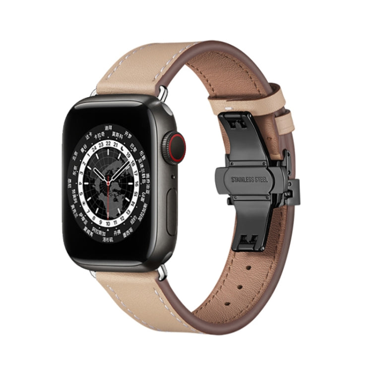 Butterfly Buckle Genuine Leather Watch Band For Apple Watch Ultra 49mm&Watch Ultra 2 49mm / Series 9&8&7 45mm / SE 3&SE 2&6&SE&5&4 44mm / 3&2&1 42mm(Apricot+Black Buckle) by bashfashion