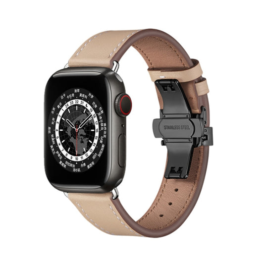Butterfly Buckle Genuine Leather Watch Band For Apple Watch Ultra 49mm&Watch Ultra 2 49mm / Series 9&8&7 45mm / SE 3&SE 2&6&SE&5&4 44mm / 3&2&1 42mm(Apricot+Black Buckle) by bashfashion