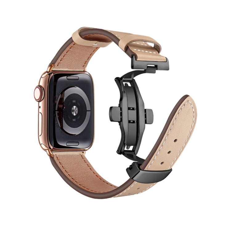 Butterfly Buckle Genuine Leather Watch Band For Apple Watch Ultra 49mm&Watch Ultra 2 49mm / Series 9&8&7 45mm / SE 3&SE 2&6&SE&5&4 44mm / 3&2&1 42mm(Apricot+Black Buckle) by bashfashion