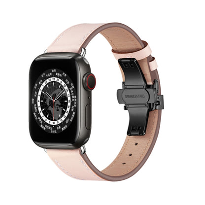 Butterfly Buckle Genuine Leather Watch Band For Apple Watch Ultra 49mm&Watch Ultra 2 49mm / Series 9&8&7 45mm / SE 3&SE 2&6&SE&5&4 44mm / 3&2&1 42mm(Light Pink+Black Buckle) by bashfashion