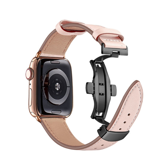 Butterfly Buckle Genuine Leather Watch Band For Apple Watch Ultra 49mm&Watch Ultra 2 49mm / Series 9&8&7 45mm / SE 3&SE 2&6&SE&5&4 44mm / 3&2&1 42mm(Light Pink+Black Buckle) by bashfashion