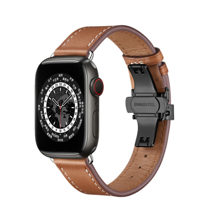 Butterfly Buckle Genuine Leather Watch Band For Apple Watch Ultra 49mm&Watch Ultra 2 49mm / Series 9&8&7 45mm / SE 3&SE 2&6&SE&5&4 44mm / 3&2&1 42mm(Brown+Black Buckle) by bashfashion