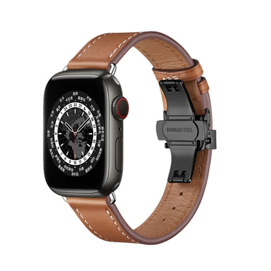 Butterfly Buckle Genuine Leather Watch Band For Apple Watch Ultra 49mm&Watch Ultra 2 49mm / Series 9&8&7 45mm / SE 3&SE 2&6&SE&5&4 44mm / 3&2&1 42mm(Brown+Black Buckle) by bashfashion