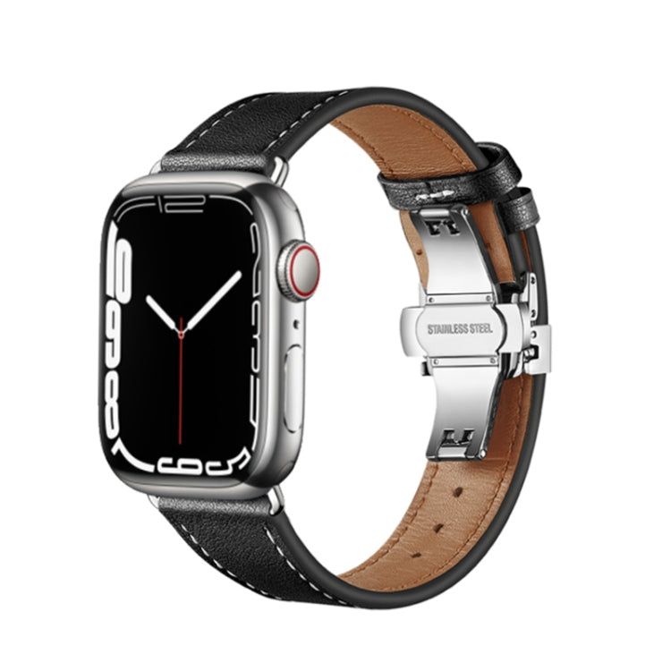 Butterfly Buckle Genuine Leather Watch Band For Apple Watch Ultra 49mm&Watch Ultra 2 49mm / Series 9&8&7 45mm / SE 3&SE 2&6&SE&5&4 44mm / 3&2&1 42mm(Brown+Silver Buckle) by bashfashion
