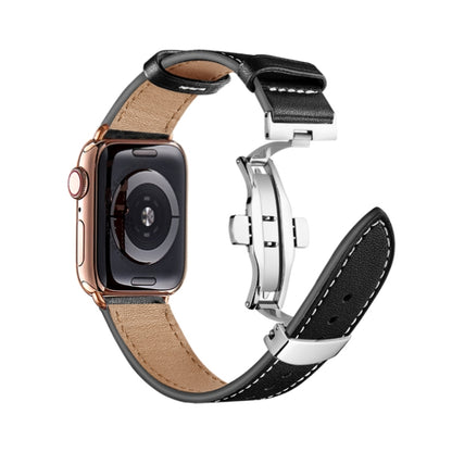 Butterfly Buckle Genuine Leather Watch Band For Apple Watch Ultra 49mm&Watch Ultra 2 49mm / Series 9&8&7 45mm / SE 3&SE 2&6&SE&5&4 44mm / 3&2&1 42mm(Brown+Silver Buckle) by bashfashion