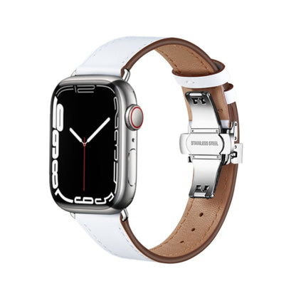 Butterfly Buckle Genuine Leather Watch Band For Apple Watch Ultra 49mm&Watch Ultra 2 49mm / Series 9&8&7 45mm / SE 3&SE 2&6&SE&5&4 44mm / 3&2&1 42mm(White+Silver Buckle) by bashfashion