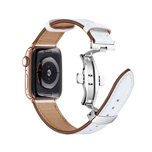 Butterfly Buckle Genuine Leather Watch Band For Apple Watch Ultra 49mm&Watch Ultra 2 49mm / Series 9&8&7 45mm / SE 3&SE 2&6&SE&5&4 44mm / 3&2&1 42mm(White+Silver Buckle) by bashfashion