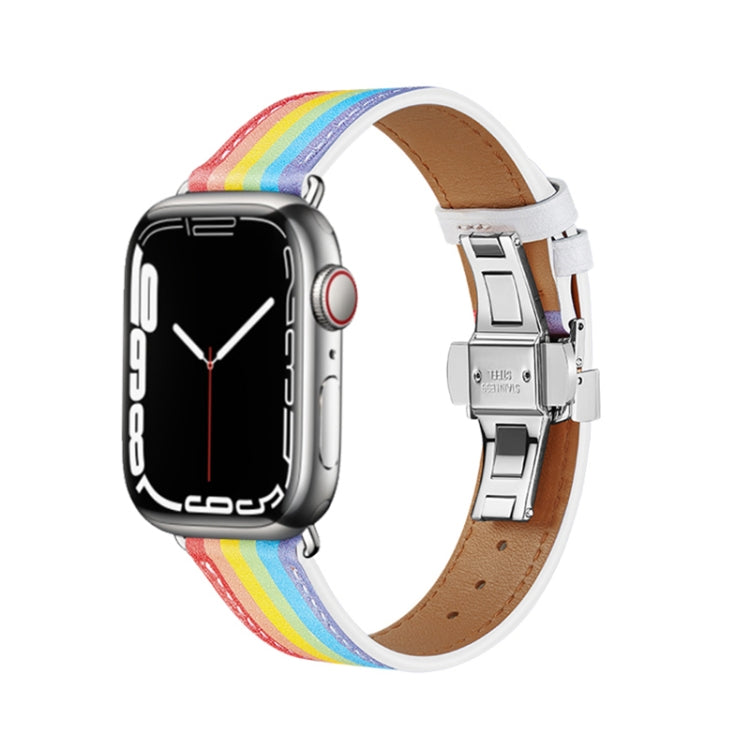 Butterfly Buckle Genuine Leather Watch Band For Apple Watch Ultra 49mm&Watch Ultra 2 49mm / Series 9&8&7 45mm / SE 3&SE 2&6&SE&5&4 44mm / 3&2&1 42mm(Rainbow+Silver Buckle) by bashfashion