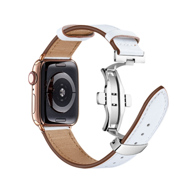 Butterfly Buckle Genuine Leather Watch Band For Apple Watch Ultra 49mm&Watch Ultra 2 49mm / Series 9&8&7 45mm / SE 3&SE 2&6&SE&5&4 44mm / 3&2&1 42mm(Rainbow+Silver Buckle) by bashfashion