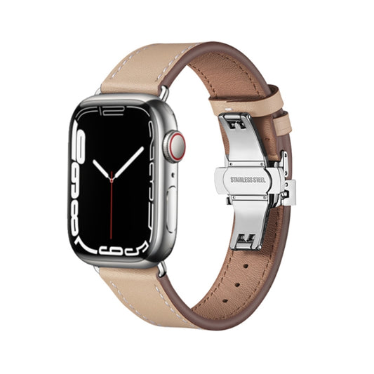 Butterfly Buckle Genuine Leather Watch Band For Apple Watch Ultra 49mm&Watch Ultra 2 49mm / Series 9&8&7 45mm / SE 3&SE 2&6&SE&5&4 44mm / 3&2&1 42mm(Apricot+Silver Buckle) by bashfashion