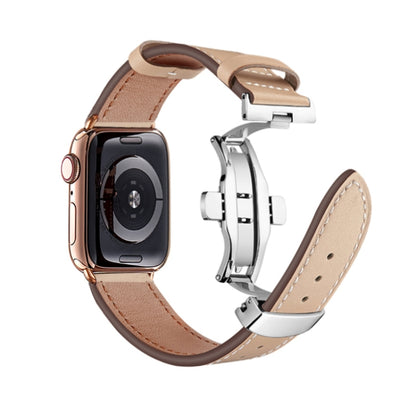Butterfly Buckle Genuine Leather Watch Band For Apple Watch Ultra 49mm&Watch Ultra 2 49mm / Series 9&8&7 45mm / SE 3&SE 2&6&SE&5&4 44mm / 3&2&1 42mm(Apricot+Silver Buckle) by bashfashion