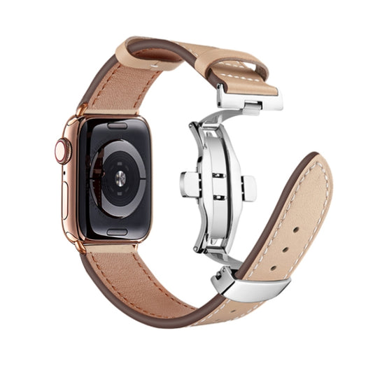 Butterfly Buckle Genuine Leather Watch Band For Apple Watch Ultra 49mm&Watch Ultra 2 49mm / Series 9&8&7 45mm / SE 3&SE 2&6&SE&5&4 44mm / 3&2&1 42mm(Apricot+Silver Buckle) by bashfashion