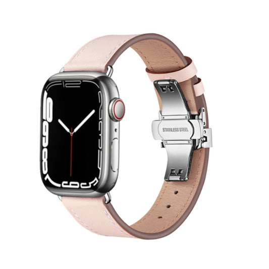 Butterfly Buckle Genuine Leather Watch Band For Apple Watch Ultra 49mm&Watch Ultra 2 49mm / Series 9&8&7 45mm / SE 3&SE 2&6&SE&5&4 44mm / 3&2&1 42mm(Light Pink+Silver Buckle) by bashfashion