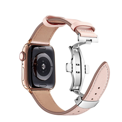 Butterfly Buckle Genuine Leather Watch Band For Apple Watch Ultra 49mm&Watch Ultra 2 49mm / Series 9&8&7 45mm / SE 3&SE 2&6&SE&5&4 44mm / 3&2&1 42mm(Light Pink+Silver Buckle) by bashfashion
