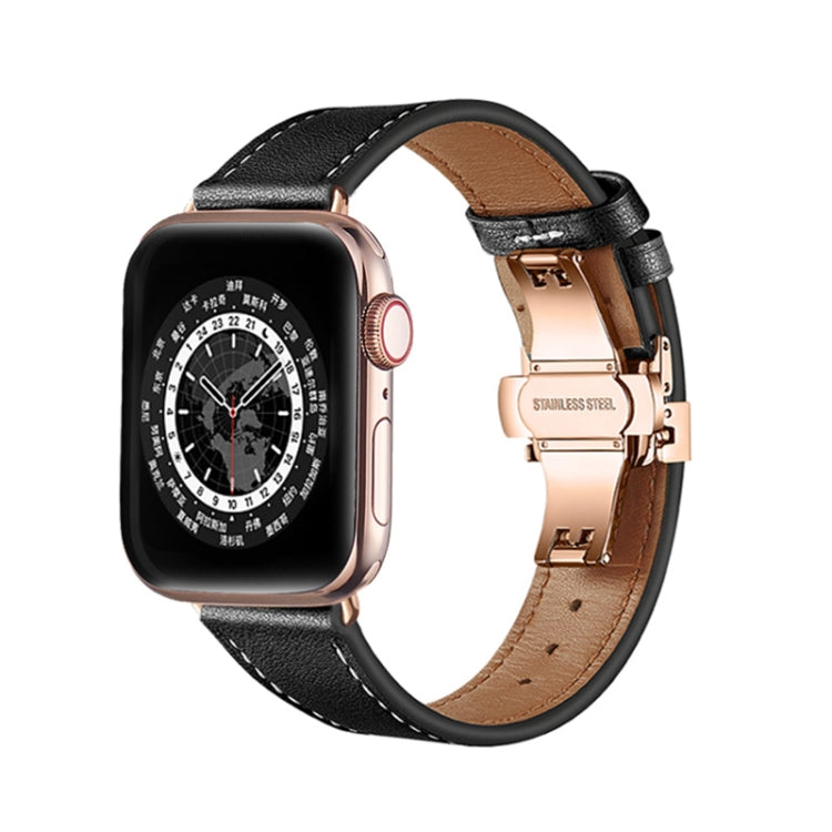 Butterfly Buckle Genuine Leather Watch Band For Apple Watch Ultra 49mm&Watch Ultra 2 49mm / Series 9&8&7 45mm / SE 3&SE 2&6&SE&5&4 44mm / 3&2&1 42mm(Black+Rose Gold Buckle) by bashfashion