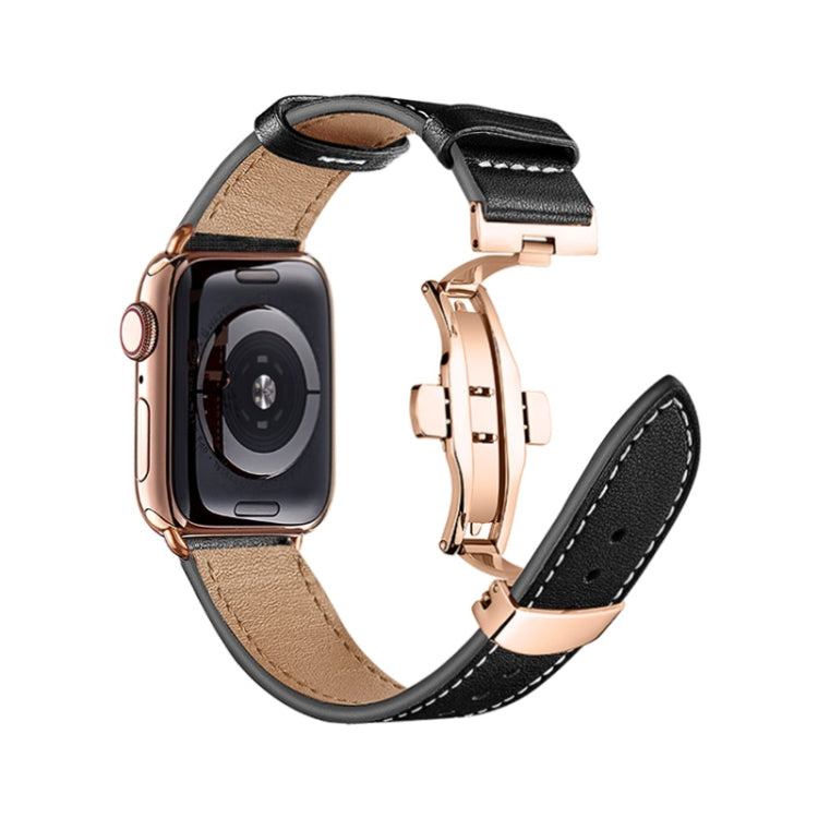 Butterfly Buckle Genuine Leather Watch Band For Apple Watch Ultra 49mm&Watch Ultra 2 49mm / Series 9&8&7 45mm / SE 3&SE 2&6&SE&5&4 44mm / 3&2&1 42mm(Black+Rose Gold Buckle) by bashfashion