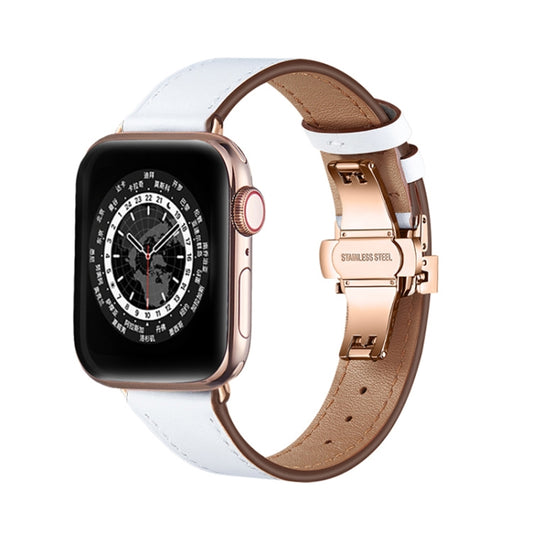 Butterfly Buckle Genuine Leather Watch Band For Apple Watch Ultra 49mm&Watch Ultra 2 49mm / Series 9&8&7 45mm / SE 3&SE 2&6&SE&5&4 44mm / 3&2&1 42mm(White+Rose Gold Buckle) by bashfashion