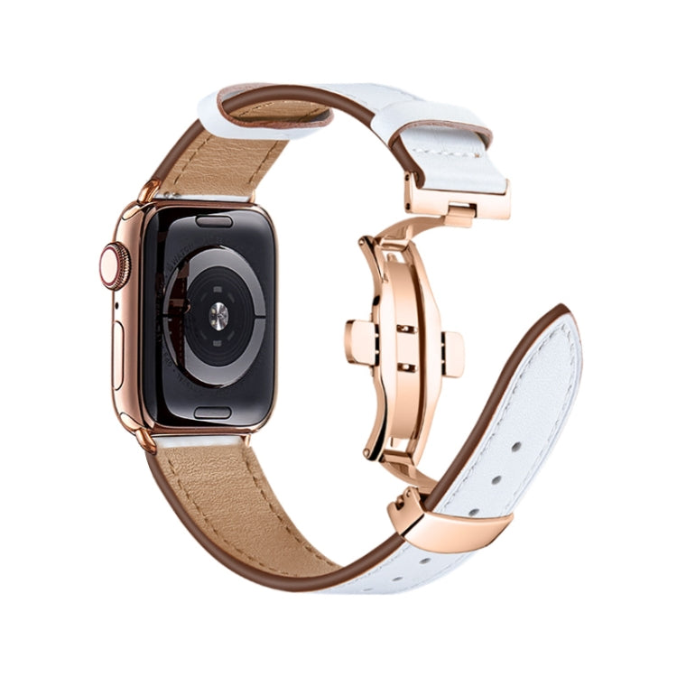 Butterfly Buckle Genuine Leather Watch Band For Apple Watch Ultra 49mm&Watch Ultra 2 49mm / Series 9&8&7 45mm / SE 3&SE 2&6&SE&5&4 44mm / 3&2&1 42mm(White+Rose Gold Buckle) by bashfashion