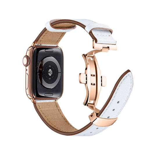 Butterfly Buckle Genuine Leather Watch Band For Apple Watch Ultra 49mm&Watch Ultra 2 49mm / Series 9&8&7 45mm / SE 3&SE 2&6&SE&5&4 44mm / 3&2&1 42mm(White+Rose Gold Buckle) by bashfashion