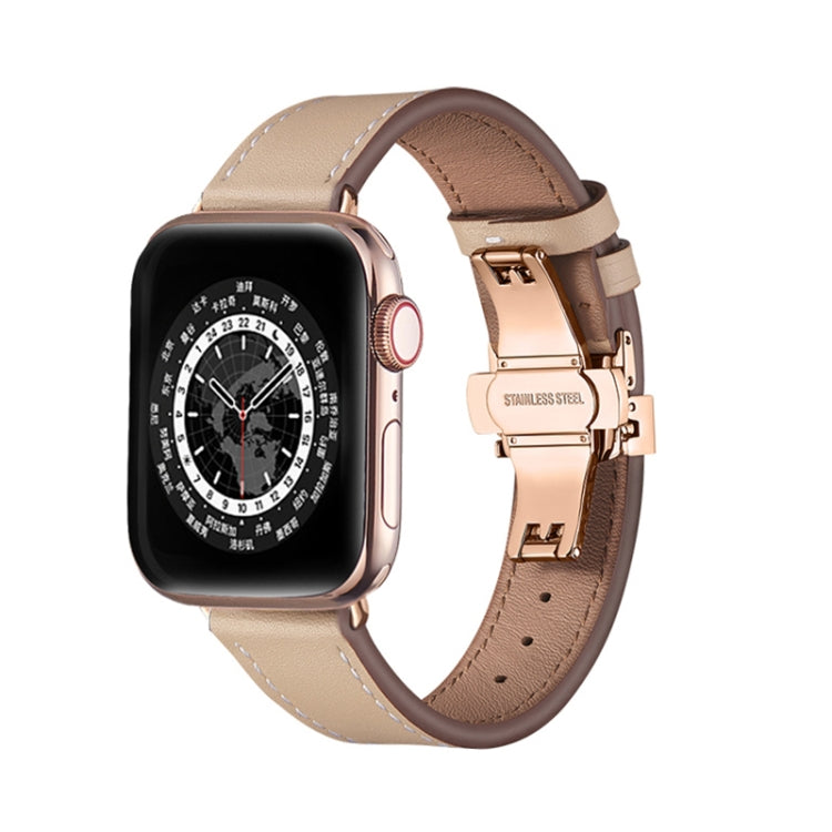 Butterfly Buckle Genuine Leather Watch Band For Apple Watch Ultra 49mm&Watch Ultra 2 49mm / Series 9&8&7 45mm / SE 3&SE 2&6&SE&5&4 44mm / 3&2&1 42mm(Apricot+Rose Gold Buckle) by bashfashion