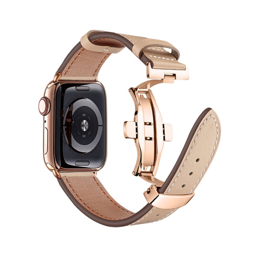 Butterfly Buckle Genuine Leather Watch Band For Apple Watch Ultra 49mm&Watch Ultra 2 49mm / Series 9&8&7 45mm / SE 3&SE 2&6&SE&5&4 44mm / 3&2&1 42mm(Apricot+Rose Gold Buckle) by bashfashion