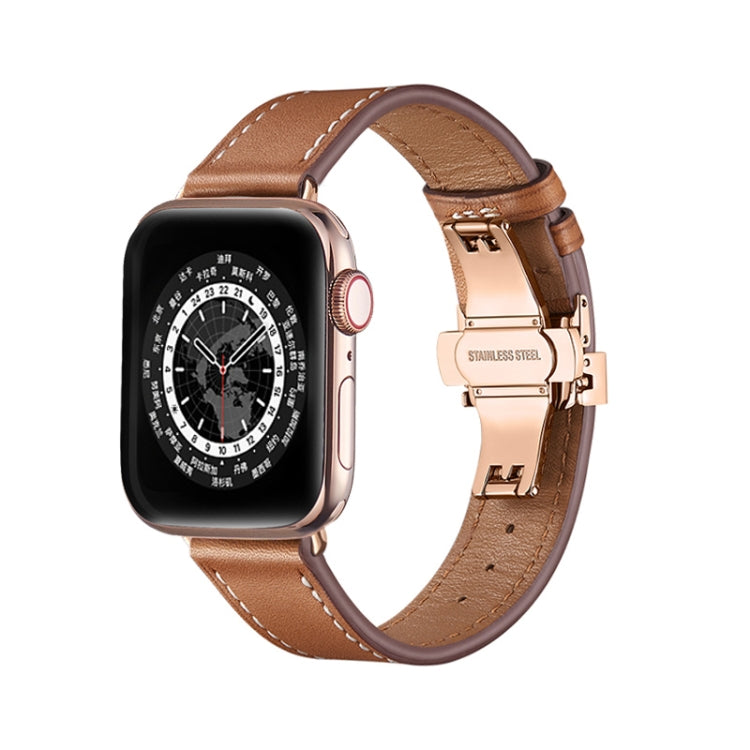 Butterfly Buckle Genuine Leather Watch Band For Apple Watch Ultra 49mm&Watch Ultra 2 49mm / Series 9&8&7 45mm / SE 3&SE 2&6&SE&5&4 44mm / 3&2&1 42mm(Brown+Rose Gold Buckle) by bashfashion