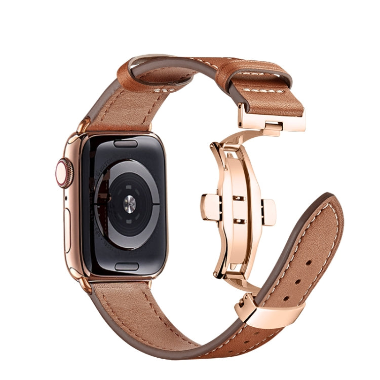 Butterfly Buckle Genuine Leather Watch Band For Apple Watch Ultra 49mm&Watch Ultra 2 49mm / Series 9&8&7 45mm / SE 3&SE 2&6&SE&5&4 44mm / 3&2&1 42mm(Brown+Rose Gold Buckle) by bashfashion