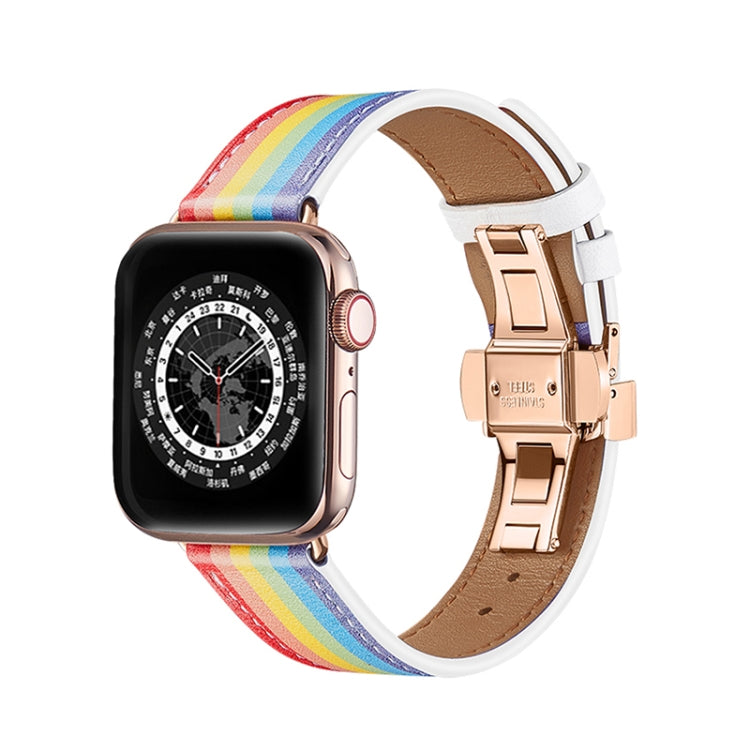 Butterfly Buckle Genuine Leather Watch Band For Apple Watch Ultra 49mm&Watch Ultra 2 49mm / Series 9&8&7 45mm / SE 3&SE 2&6&SE&5&4 44mm / 3&2&1 42mm(Rainbow+Rose Gold Buckle) by bashfashion