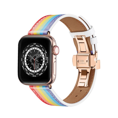 Butterfly Buckle Genuine Leather Watch Band For Apple Watch Ultra 49mm&Watch Ultra 2 49mm / Series 9&8&7 45mm / SE 3&SE 2&6&SE&5&4 44mm / 3&2&1 42mm(Rainbow+Rose Gold Buckle) by bashfashion