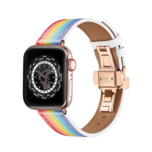 Butterfly Buckle Genuine Leather Watch Band For Apple Watch Ultra 49mm&Watch Ultra 2 49mm / Series 9&8&7 45mm / SE 3&SE 2&6&SE&5&4 44mm / 3&2&1 42mm(Rainbow+Rose Gold Buckle) by bashfashion