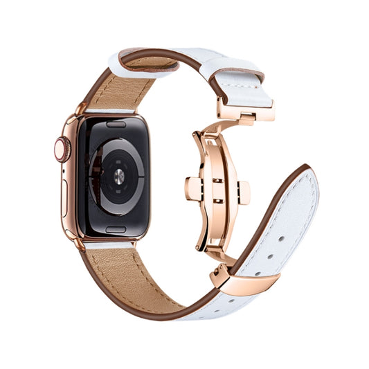 Butterfly Buckle Genuine Leather Watch Band For Apple Watch Ultra 49mm&Watch Ultra 2 49mm / Series 9&8&7 45mm / SE 3&SE 2&6&SE&5&4 44mm / 3&2&1 42mm(Rainbow+Rose Gold Buckle) by bashfashion