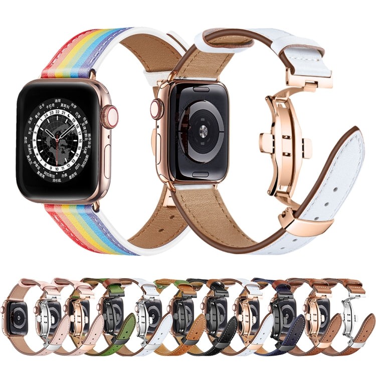 Butterfly Buckle Genuine Leather Watch Band For Apple Watch Ultra 49mm&Watch Ultra 2 49mm / Series 9&8&7 45mm / SE 3&SE 2&6&SE&5&4 44mm / 3&2&1 42mm(White+Rose Gold Buckle) by bashfashion