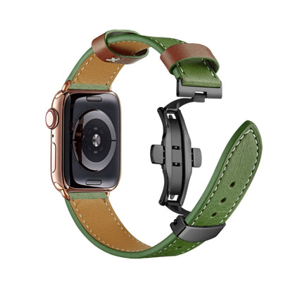Butterfly Buckle Genuine Leather Watch Band For Apple Watch Series 9&8&7 41mm / SE 3&SE 2&6&SE&5&4 40mm / 3&2&1 38mm(Green+Black Buckle) by bashfashion