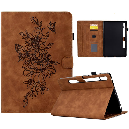For Samsung Galaxy Tab S7 / S8 Peony Butterfly Embossed Leather Smart Tablet Case(Brown) by bashfashion