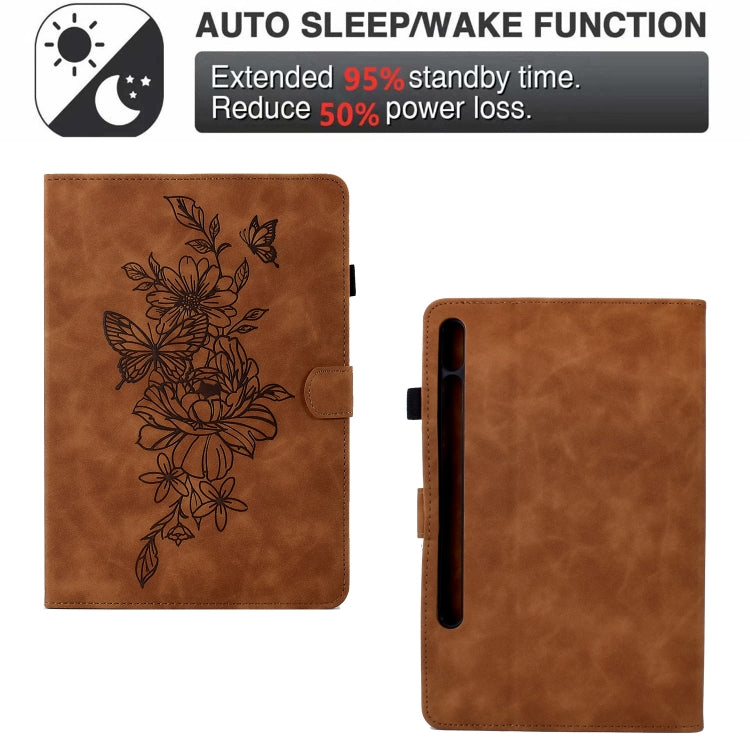 For Samsung Galaxy Tab S7 / S8 Peony Butterfly Embossed Leather Smart Tablet Case(Brown) by bashfashion