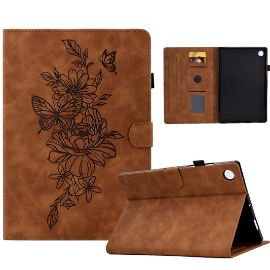 For Samsung Galaxy Tab A8 10.5 2021 X205 Peony Butterfly Embossed Leather Smart Tablet Case(Brown) by bashfashion