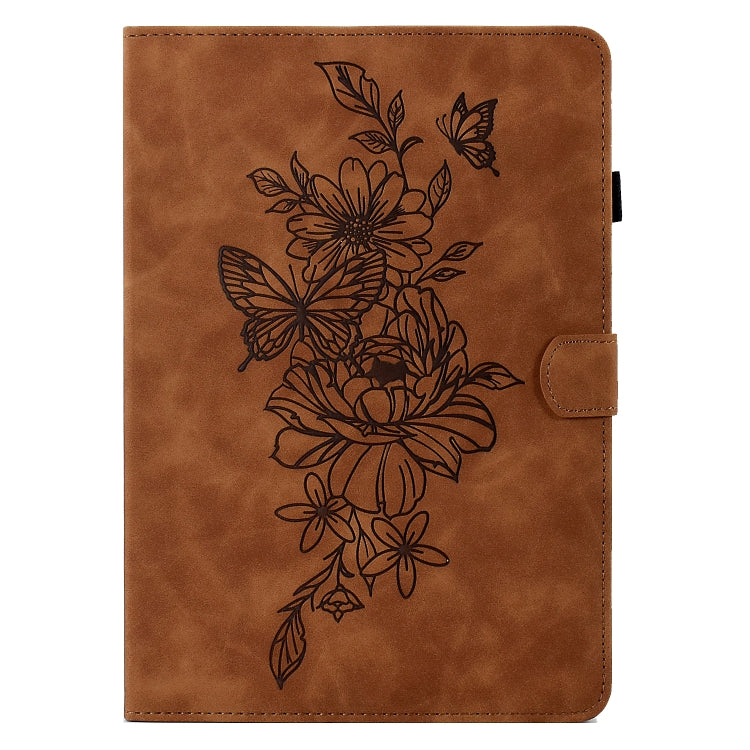 For Samsung Galaxy Tab S6 Lite P610 Peony Butterfly Embossed Leather Smart Tablet Case(Brown) by bashfashion