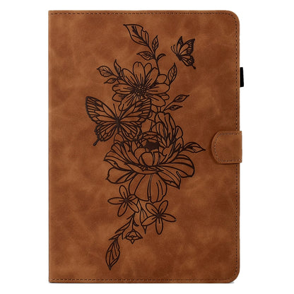 For Samsung Galaxy Tab S6 Lite P610 Peony Butterfly Embossed Leather Smart Tablet Case(Brown) by bashfashion