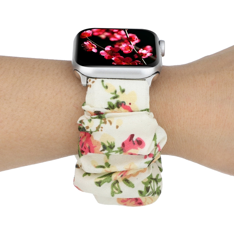 For Apple Watch Series 9&8&7 41mm / SE 3&SE 2&6&SE&5&4 40mm / 3&2&1 38mm Cloth + Stainless Steel Hair Ring Watch Band(Flowers) by bashfashion