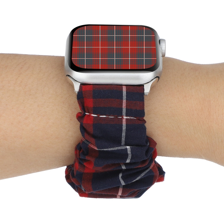 For Apple Watch Series 7 45mm / 6 & SE & 5 & 4 44mm / 3 & 2 & 1 42mm Cloth + Stainless Steel Hair Ring Watch Band(Red Blue Grid) by bashfashion