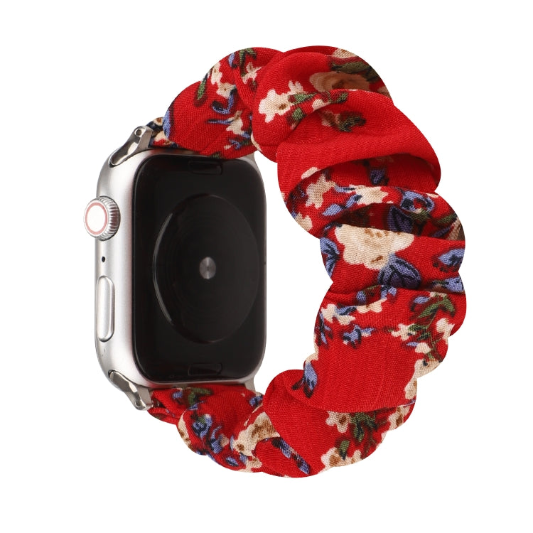 For Apple Watch Ultra 49mm&Watch Ultra 2 49mm / Series 9&8&7 45mm / SE 3&SE 2&6&SE&5&4 44mm / 3&2&1 42mm Cloth + Stainless Steel Hair Ring Watch Band(Big Red Flower) by bashfashion