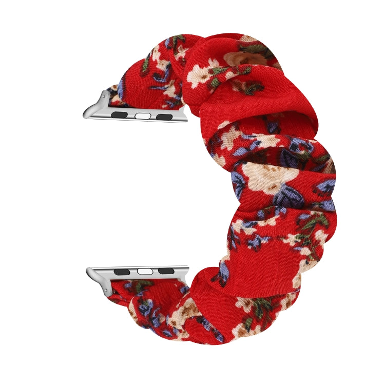 For Apple Watch Ultra 49mm&Watch Ultra 2 49mm / Series 9&8&7 45mm / SE 3&SE 2&6&SE&5&4 44mm / 3&2&1 42mm Cloth + Stainless Steel Hair Ring Watch Band(Big Red Flower) by bashfashion