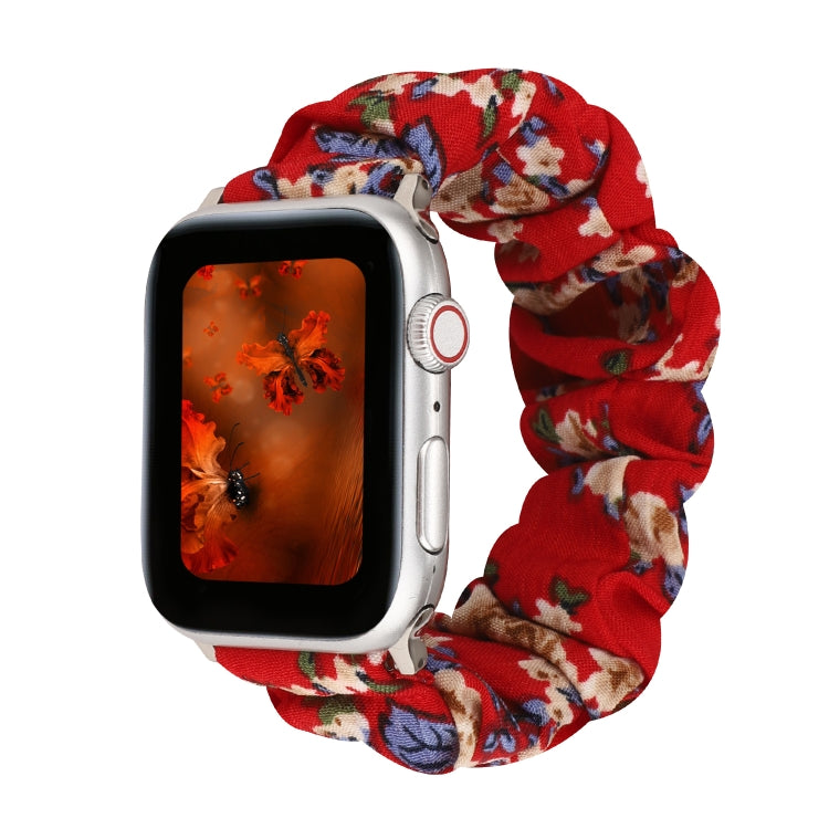 For Apple Watch Ultra 49mm&Watch Ultra 2 49mm / Series 9&8&7 45mm / SE 3&SE 2&6&SE&5&4 44mm / 3&2&1 42mm Cloth + Stainless Steel Hair Ring Watch Band(Big Red Flower) by bashfashion