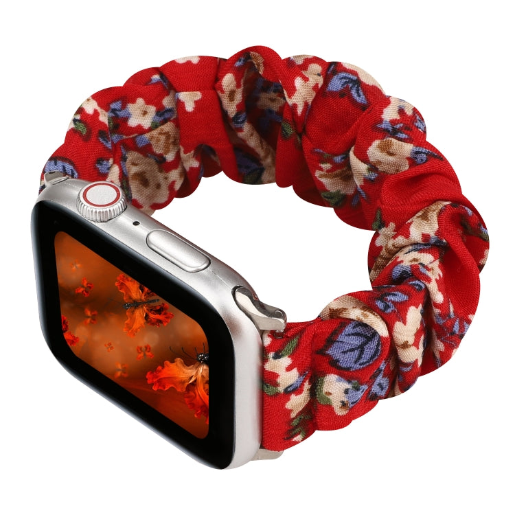 For Apple Watch Ultra 49mm&Watch Ultra 2 49mm / Series 9&8&7 45mm / SE 3&SE 2&6&SE&5&4 44mm / 3&2&1 42mm Cloth + Stainless Steel Hair Ring Watch Band(Big Red Flower) by bashfashion