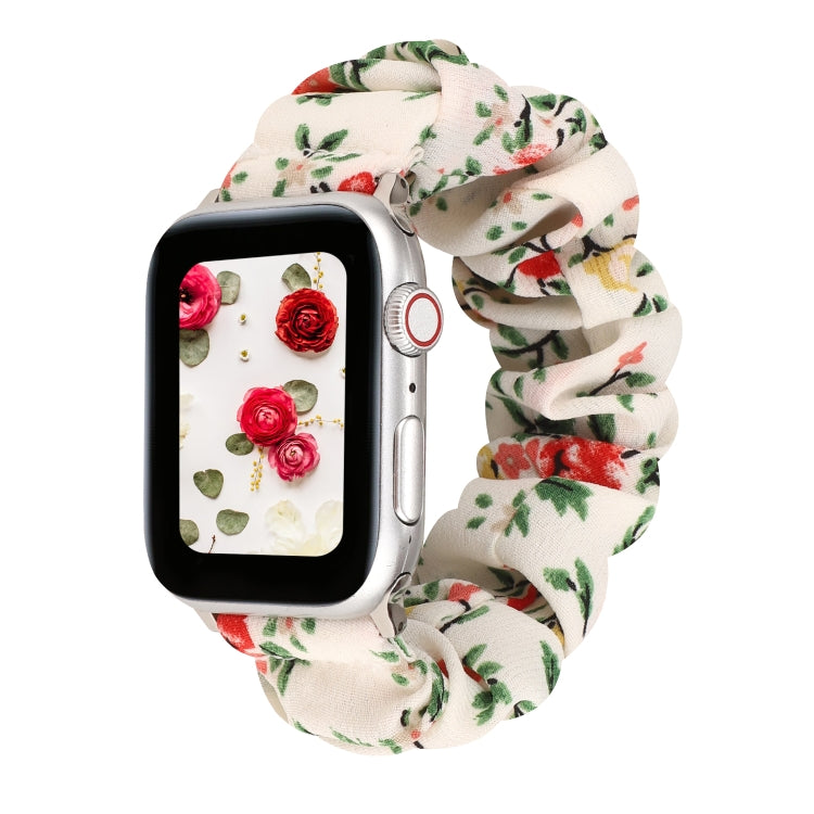 For Apple Watch Ultra 49mm&Watch Ultra 2 49mm / Series 9&8&7 45mm / SE 3&SE 2&6&SE&5&4 44mm / 3&2&1 42mm Cloth + Stainless Steel Hair Ring Watch Band(Red Floral) by bashfashion