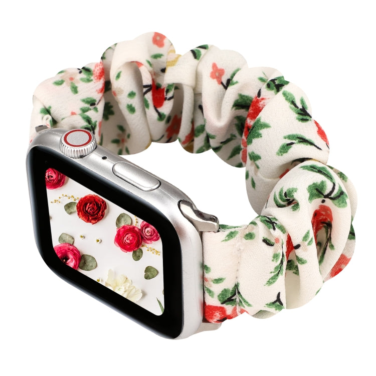 For Apple Watch Ultra 49mm&Watch Ultra 2 49mm / Series 9&8&7 45mm / SE 3&SE 2&6&SE&5&4 44mm / 3&2&1 42mm Cloth + Stainless Steel Hair Ring Watch Band(Red Floral) by bashfashion
